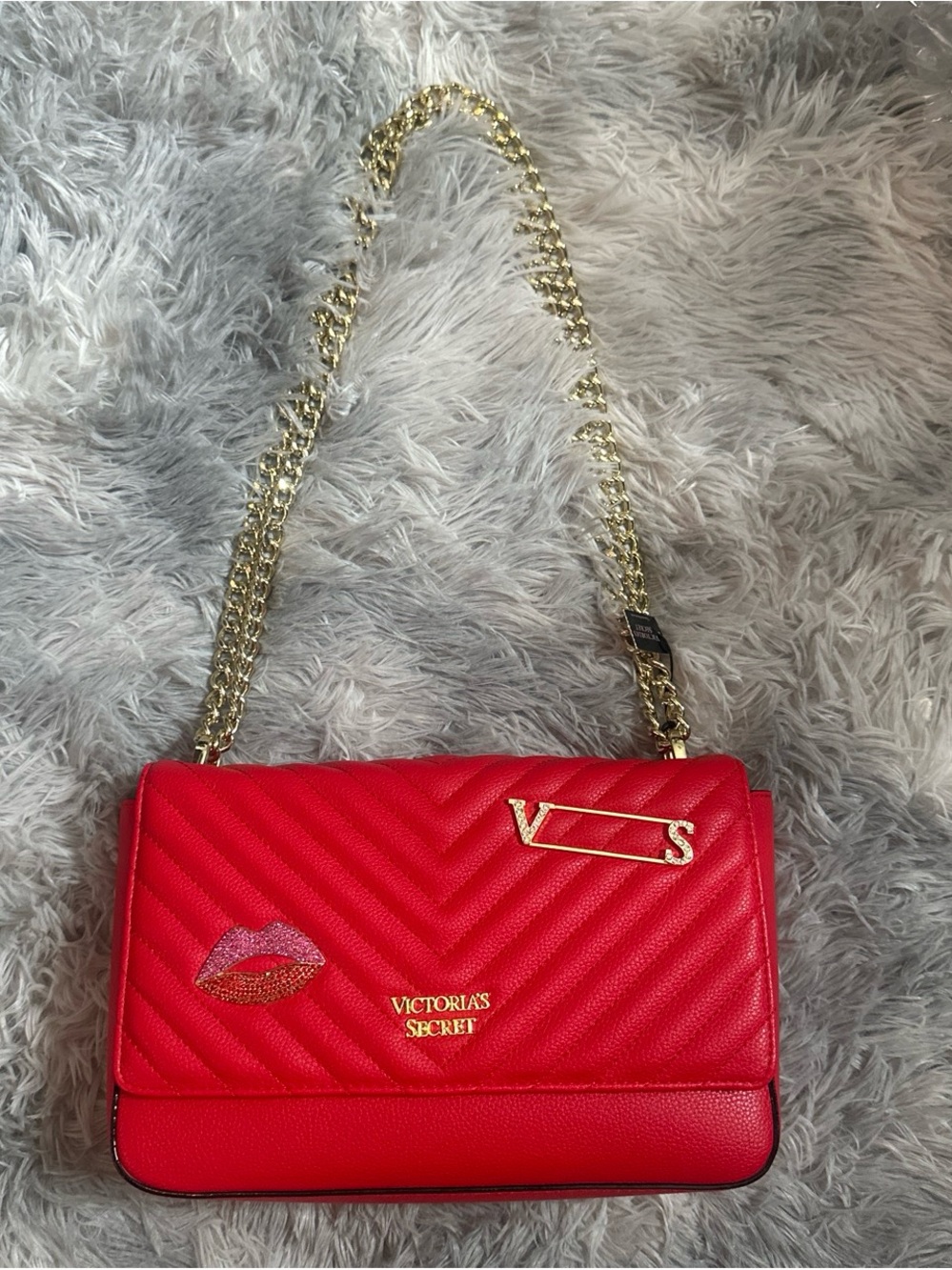 Victoria's Secret Red Quilted Chevron Shoulder Bag with Gold Chain